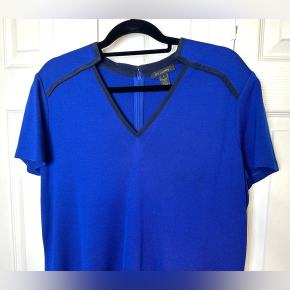 New ST. JOHN Cobalt Blue Dress Wool Shift Sheath Sweater Knit Navy Silk Trim - Picture 2 of 16